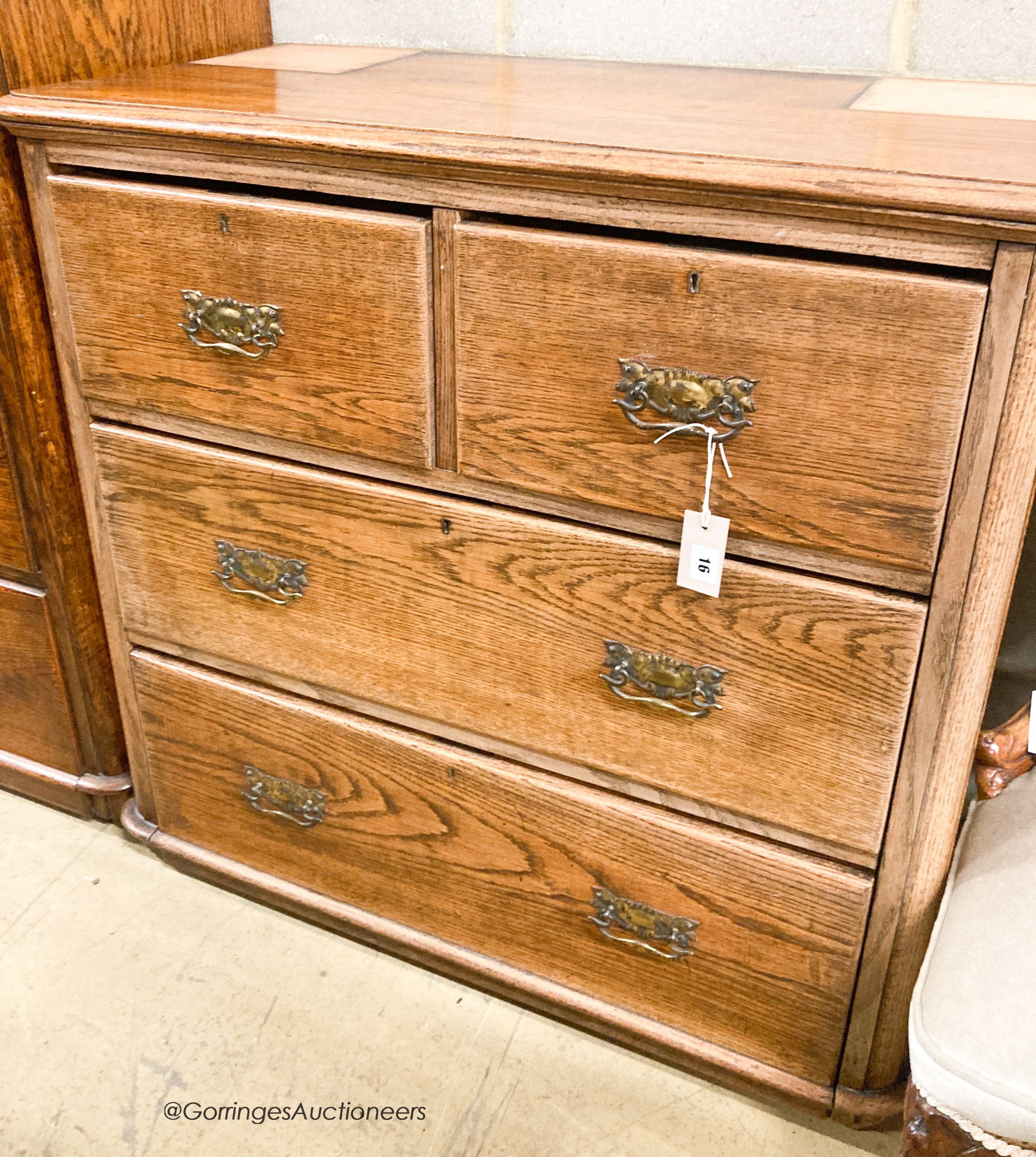 A late Victorian oak chest of drawers (formerly a dressing chest), width 96cm, depth 50cm, height 95cm